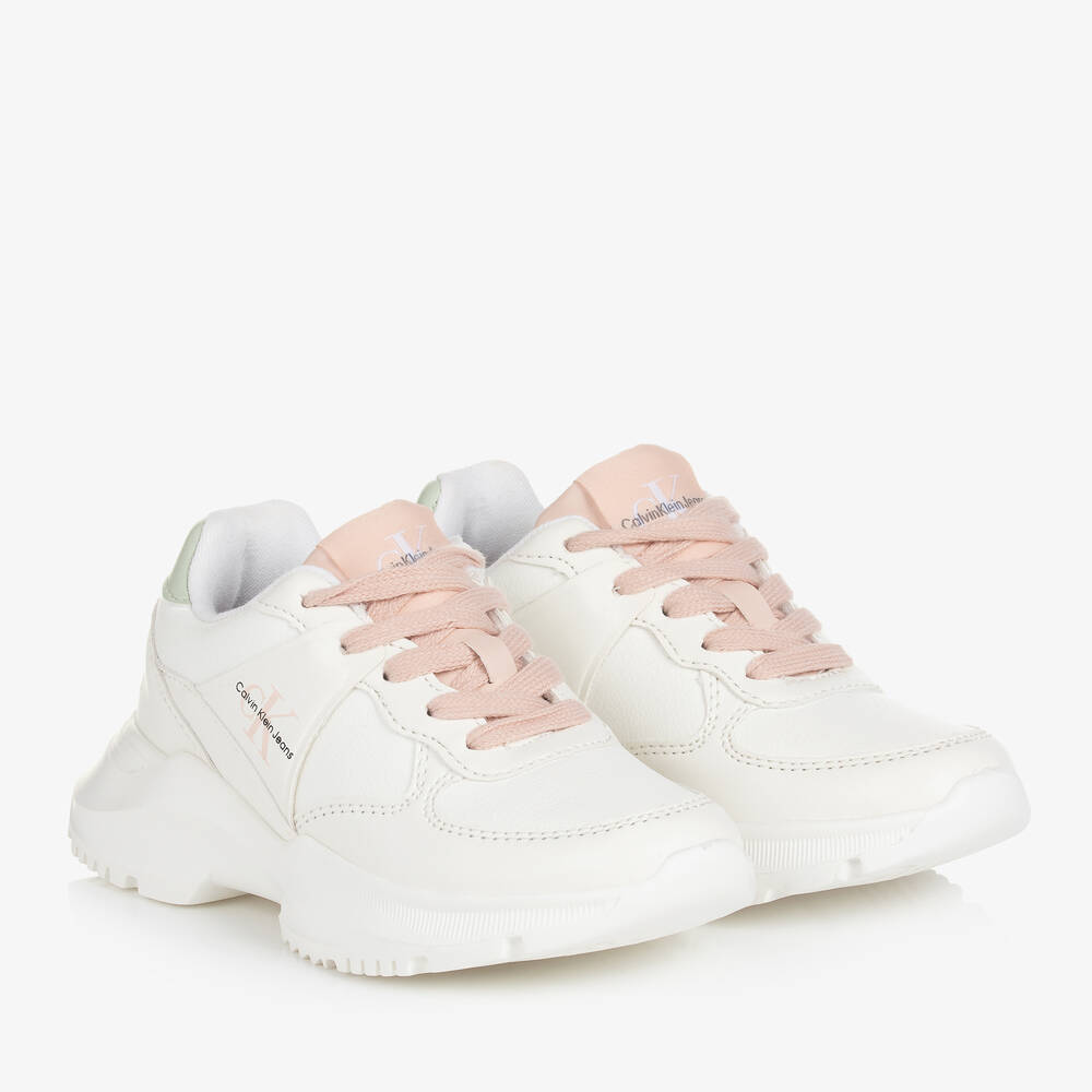 Calvin Klein - Teen Girls White Faux Leather Trainers | Childrensalon