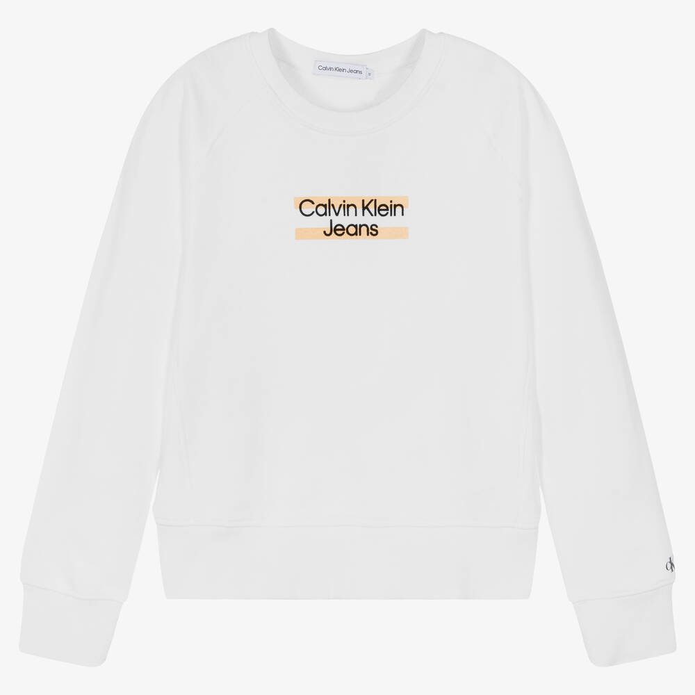 Calvin Klein Jeans-سويتشيرت قصير تينز بناتي قطن لون أبيض | Childrensalon Outlet