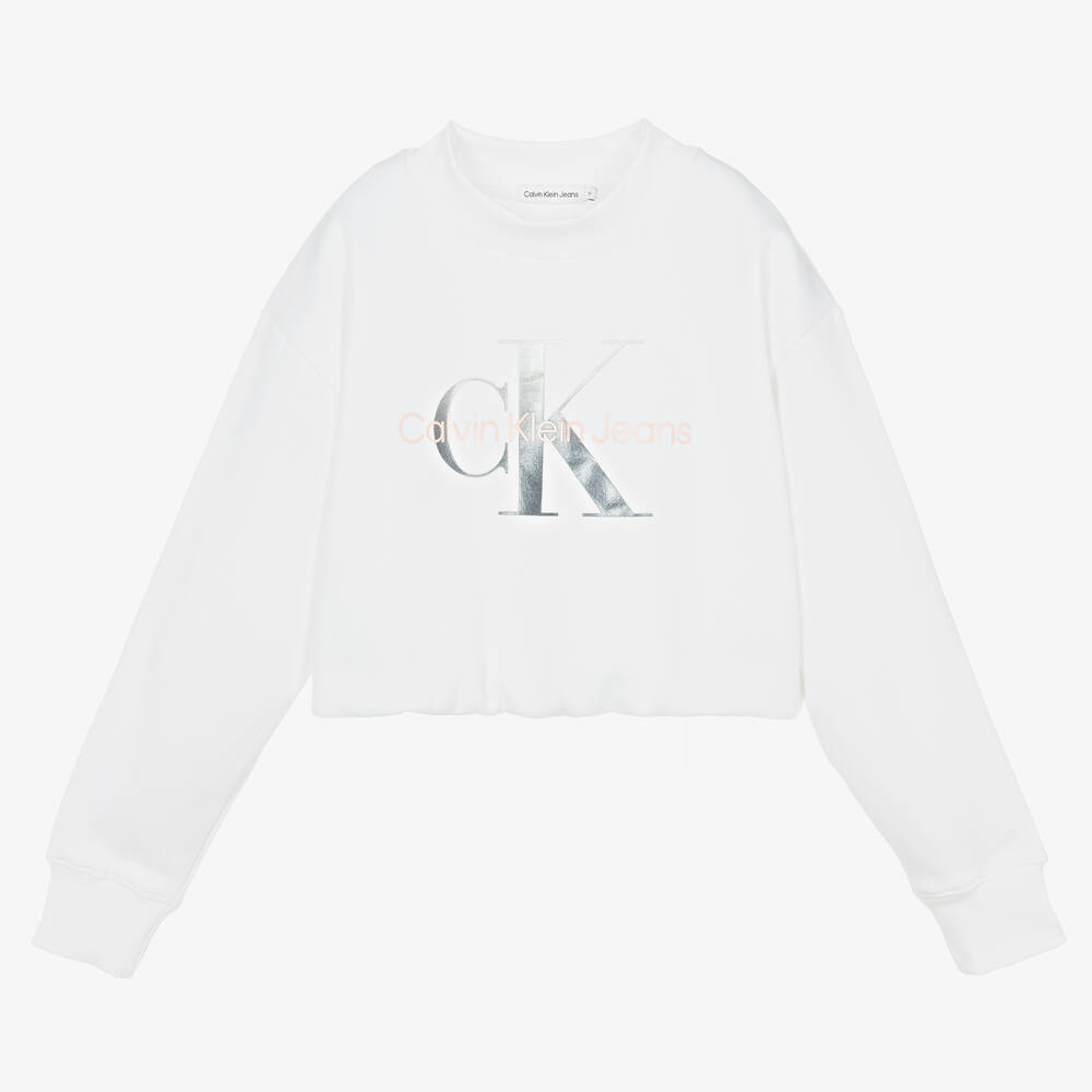 Calvin Klein Jeans - سويتشيرت تينز بناتي قطن جيرسي لون أبيض | Childrensalon
