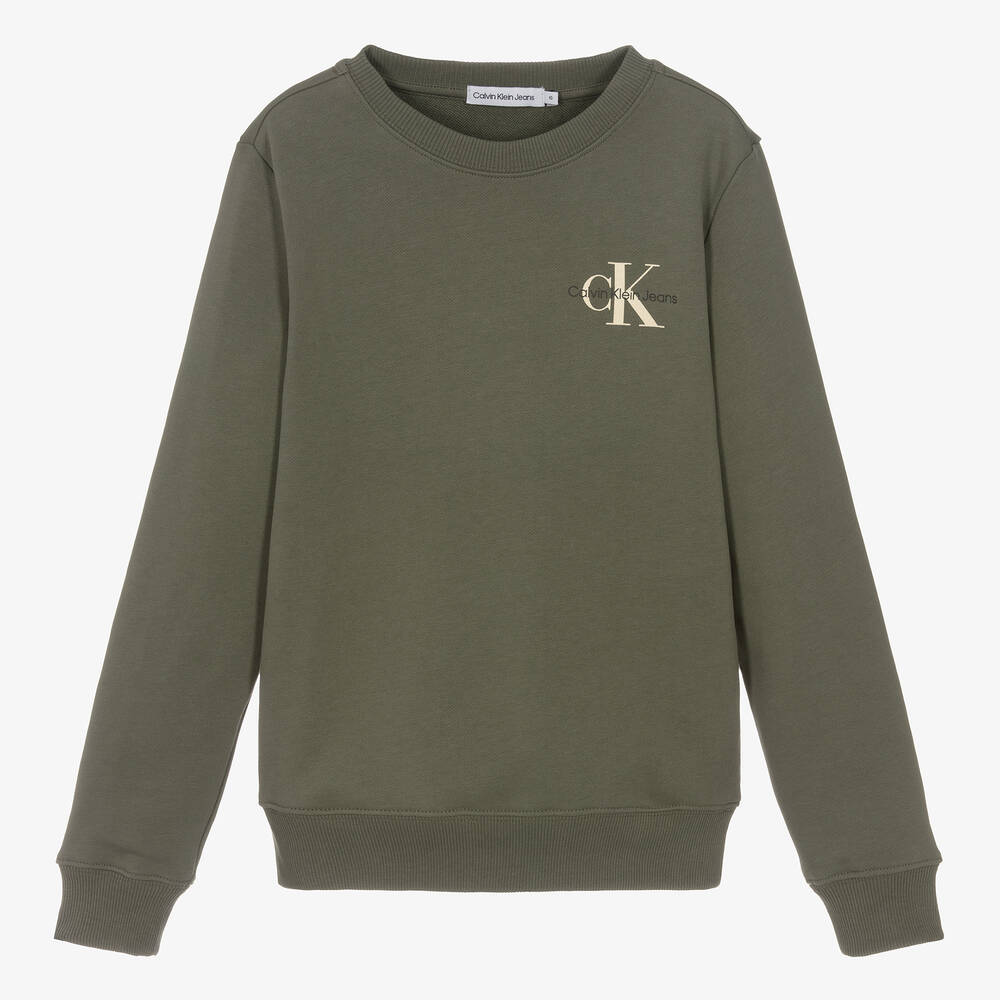 Calvin Klein-سويتشيرت بطبعة مونوغرام تينز قطن لون أخضر كاكي | Childrensalon Outlet