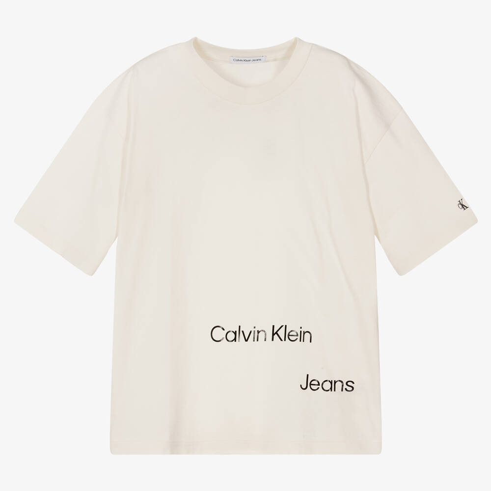 Calvin Klein Jeans - تيشيرت تينز قطن لون عاجي | Childrensalon
