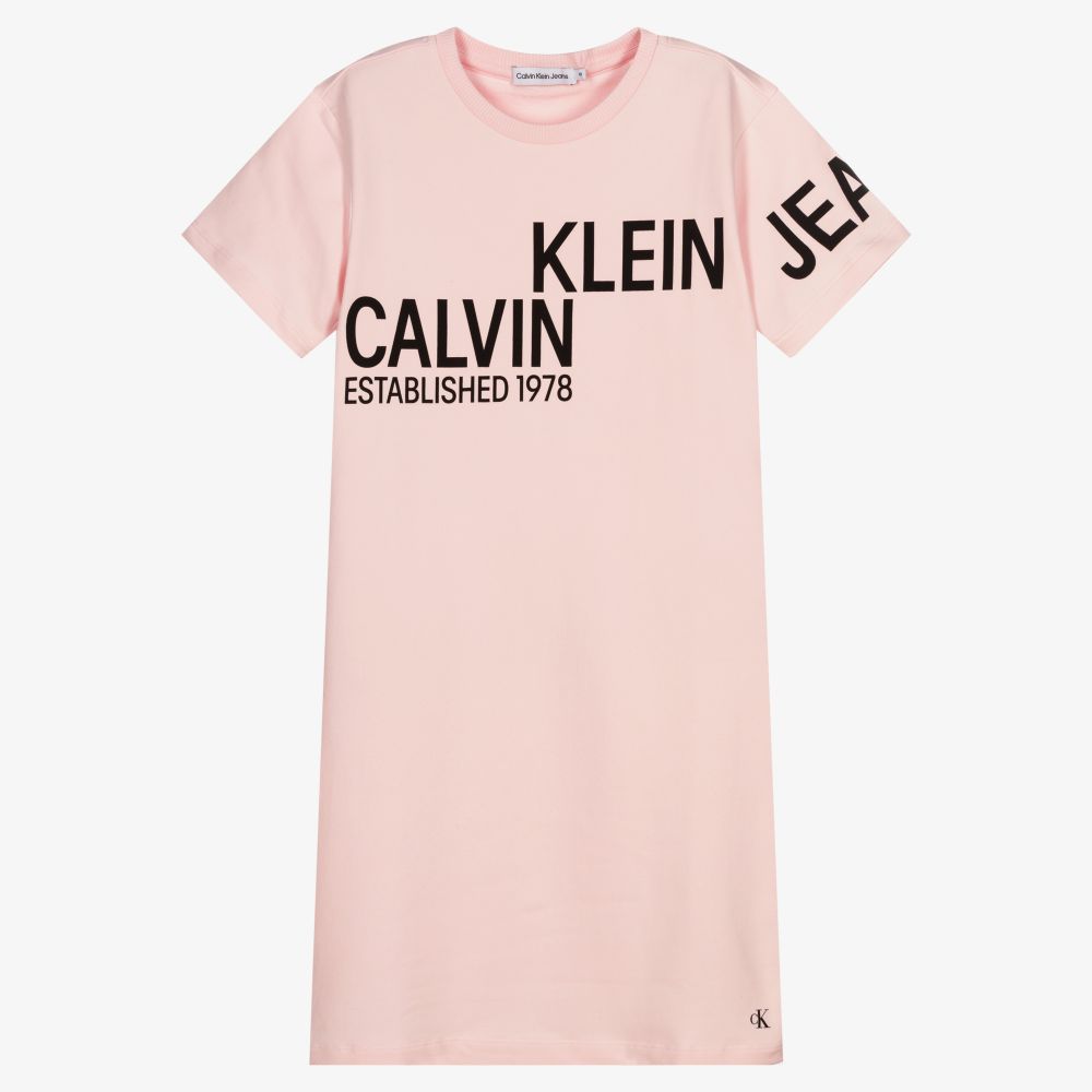 Calvin Klein Jeans - فستان تينز بناتي قطن جيرسي لون زهري وأبيض | Childrensalon
