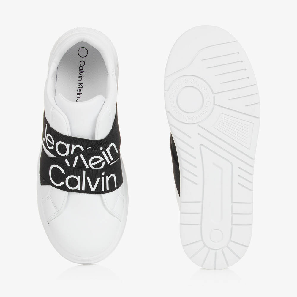Calvin Klein-Teen White & Black Faux Leather Trainers | Childrensalon Outlet