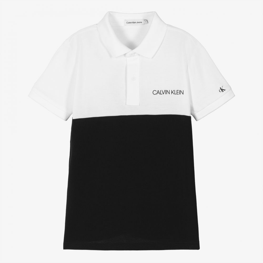 Calvin Klein Jeans - توب بولو تينز ولادي قطن عضوي بيكيه لون أبيض وأسود | Childrensalon