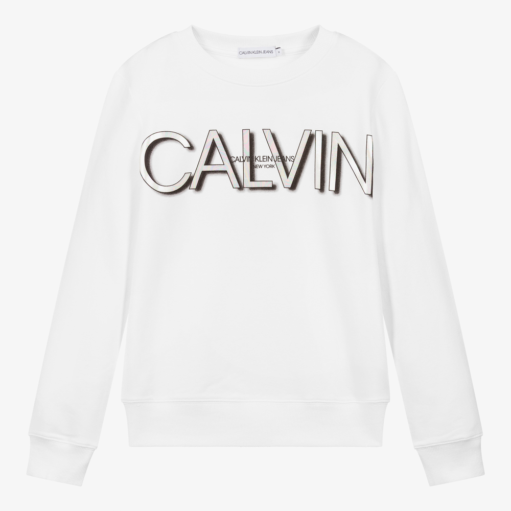 Calvin Klein Jeans - سويتشيرت تينز بناتي قطن عضوي جيرسي لون أبيض | Childrensalon