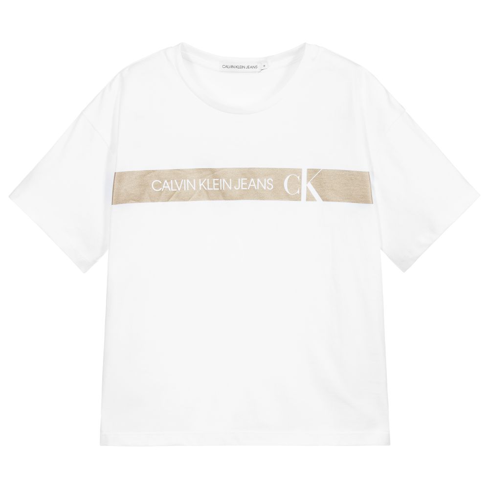 Calvin Klein Jeans - تيشيرت بوكسي قطن عضوي لون أبيض وذهبي للمراهقات | Childrensalon