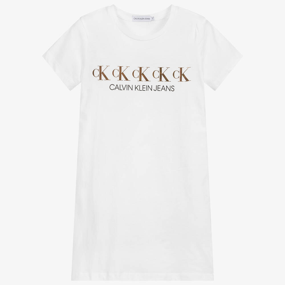 Calvin Klein Jeans - فستان تيشيرت تينز قطن عضوي جيريي لون أبيض | Childrensalon