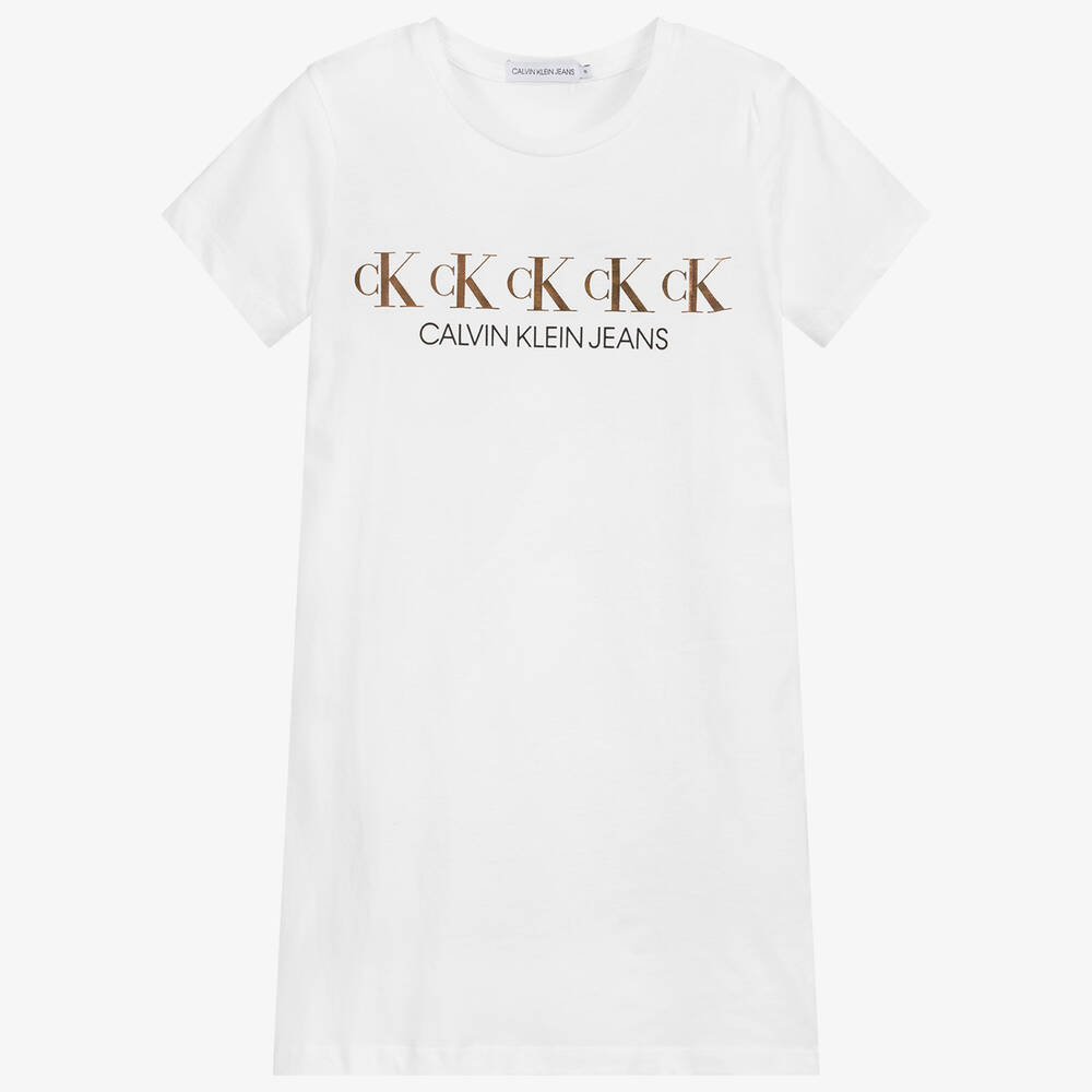 Calvin Klein Jeans-Teen White Logo T-Shirt Dress | Childrensalon Outlet