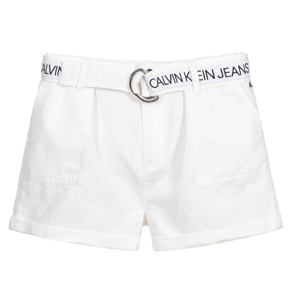 Calvin Klein Jeans - شورت تينز بناتي قطن وكتان لون أبيض | Childrensalon
