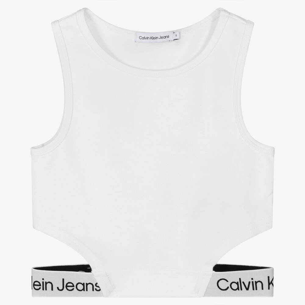 Calvin Klein Jeans - توب فيست تينز بناتي فيسكوز جيرسي لون أبيض | Childrensalon