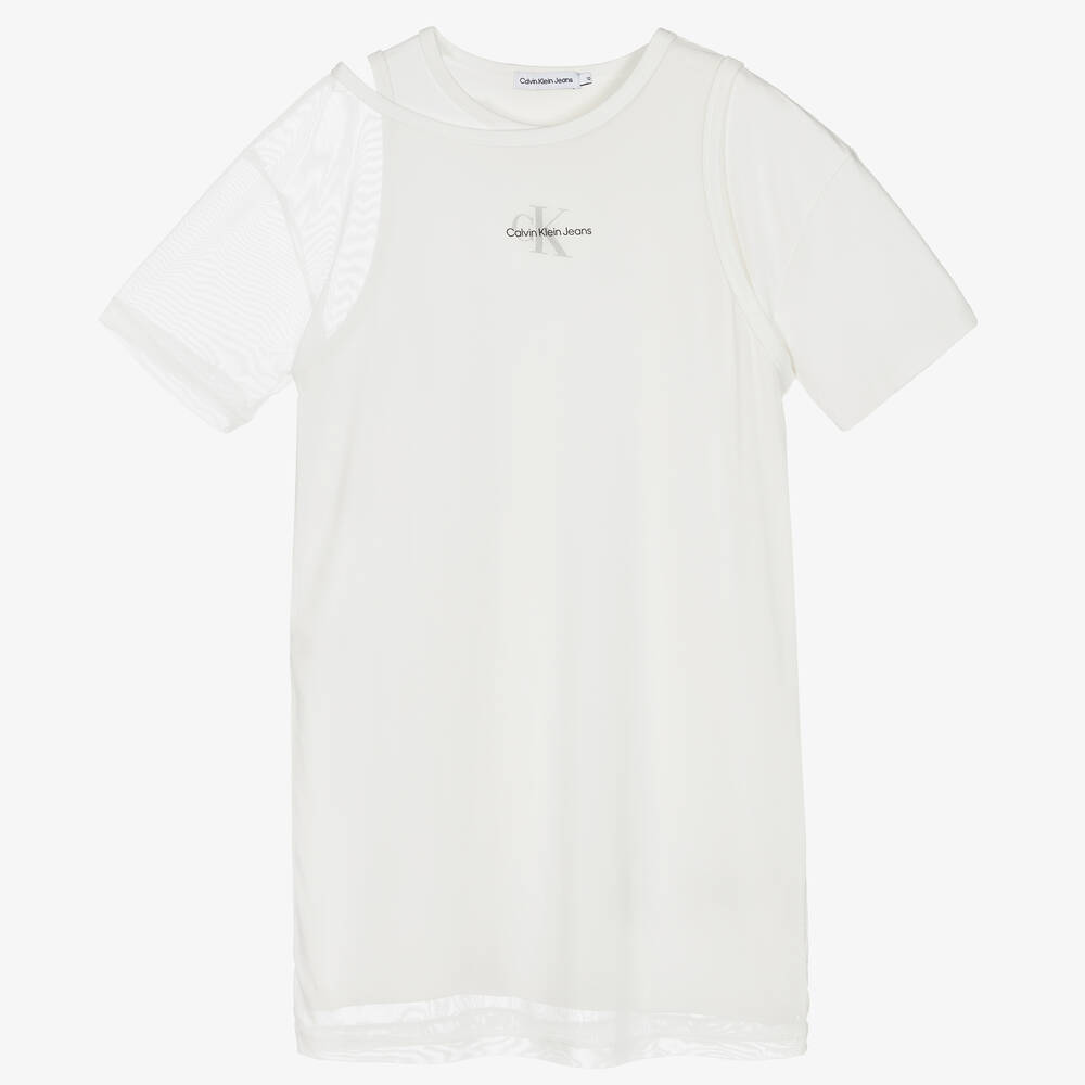 Calvin Klein Jeans-Teen White Mix Media T-Shirt Dress | Childrensalon Outlet