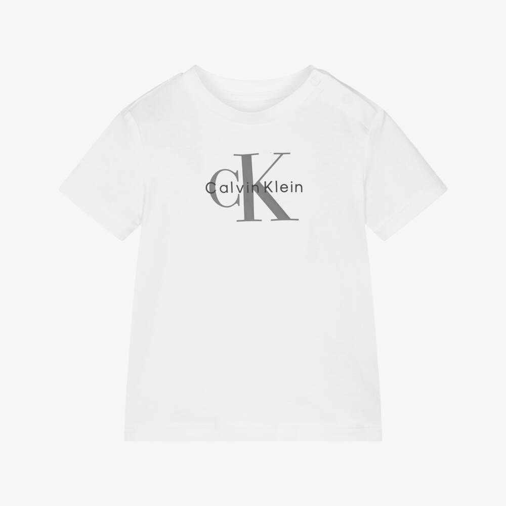 Calvin Klein-White Cotton Jersey Monogram Logo T-Shirt | Childrensalon Outlet