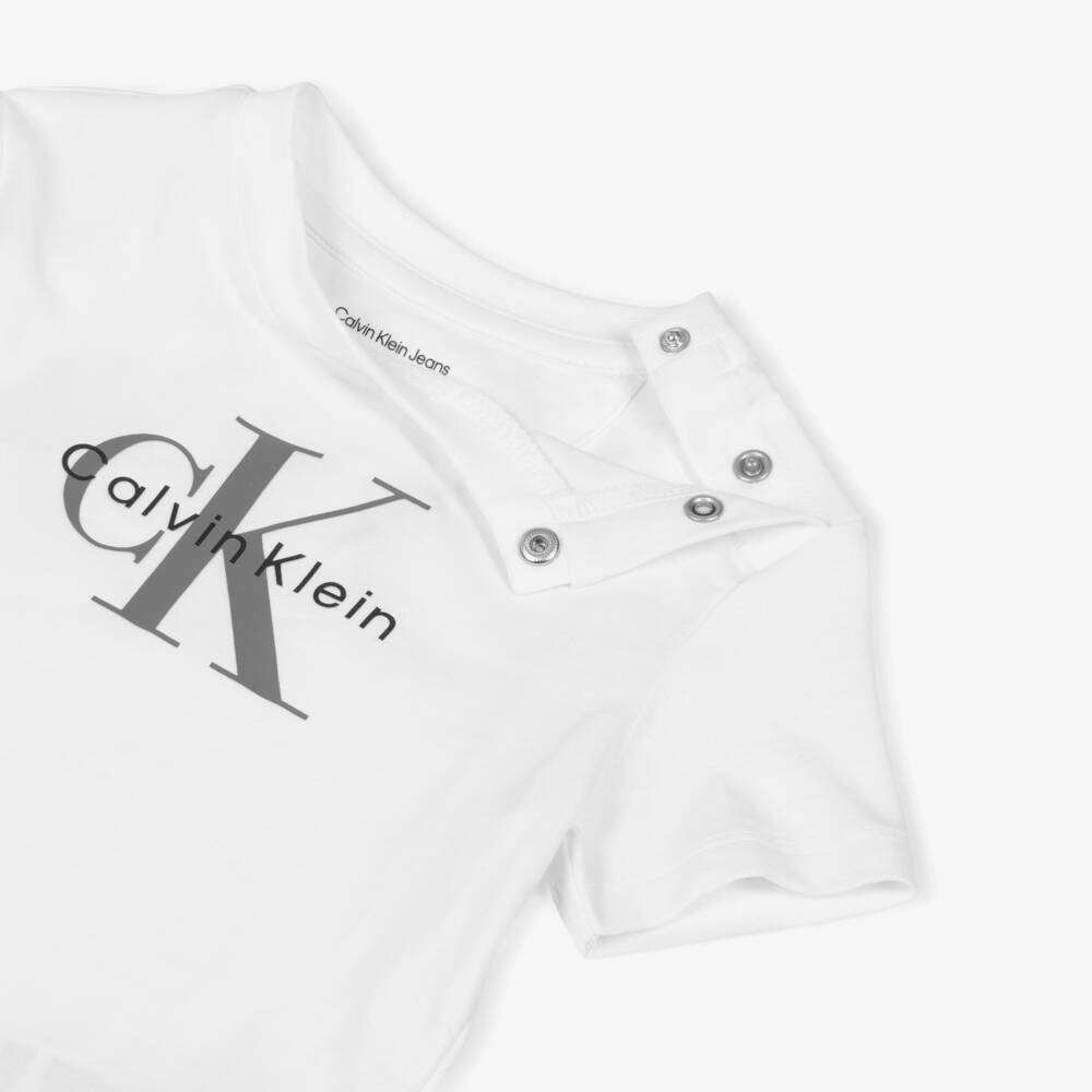 Calvin Klein-White Cotton Jersey Monogram Logo T-Shirt | Childrensalon Outlet