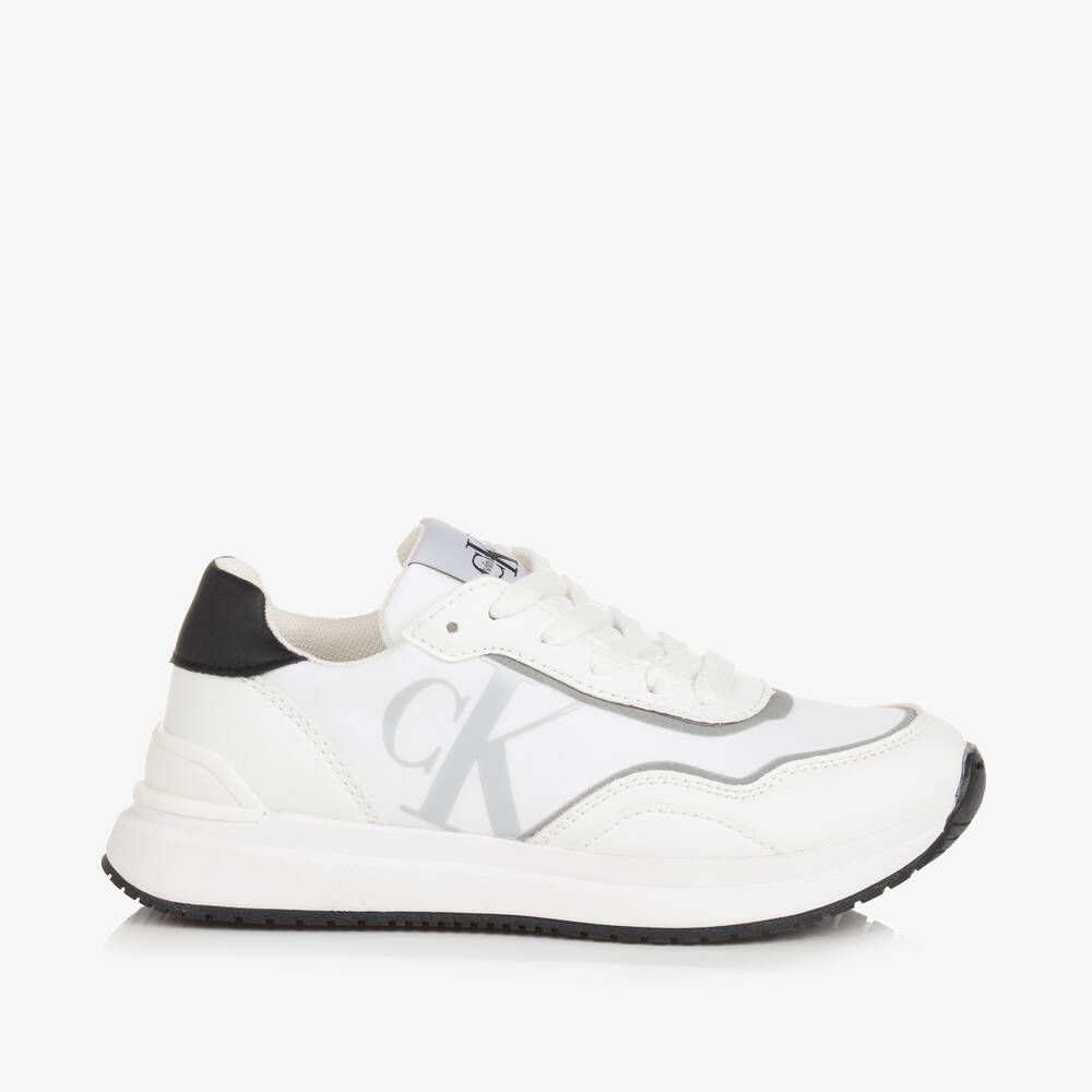 Calvin Klein-White Faux Leather Lace-Up Trainers | Childrensalon Outlet