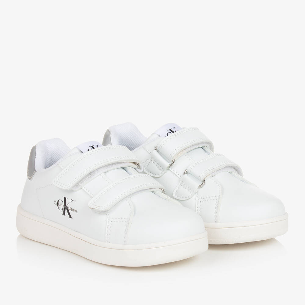 Calvin Klein-White Faux Leather Velcro Trainers | Childrensalon Outlet