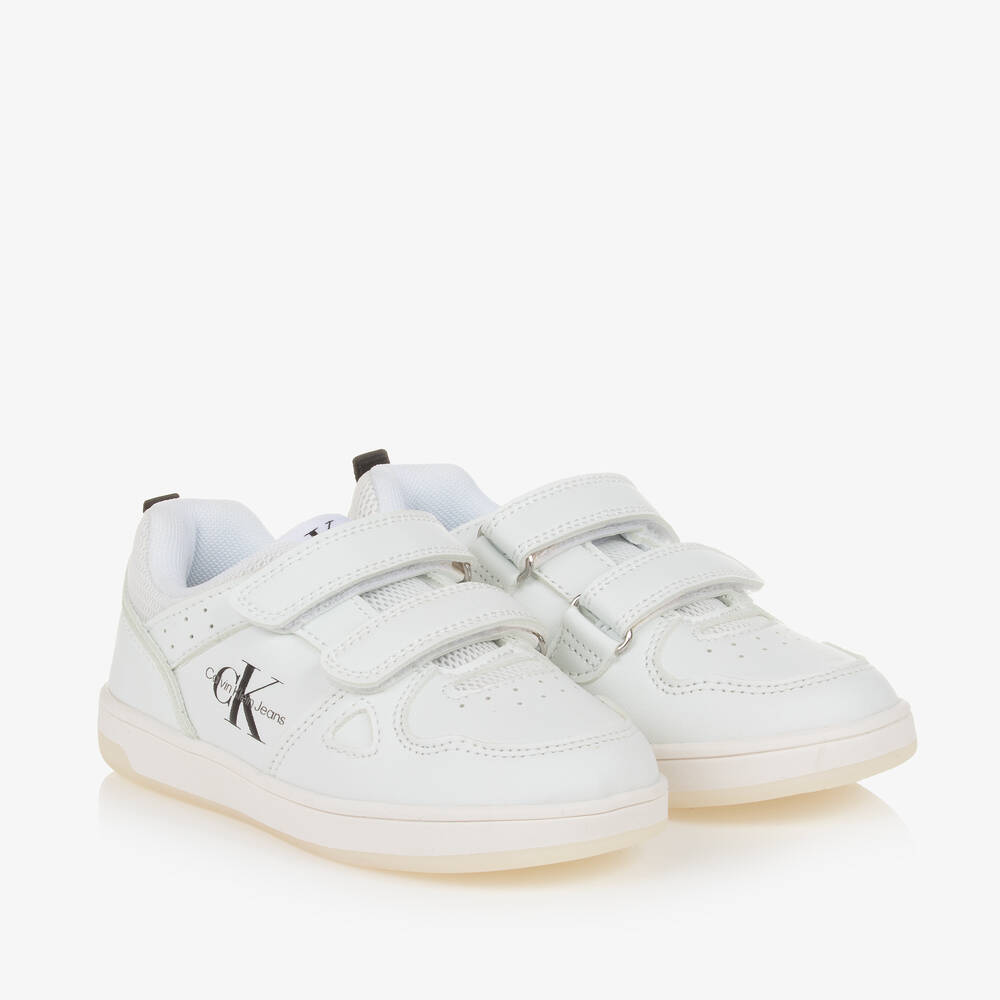 Calvin Klein-White Faux Leather Velcro Trainers | Childrensalon Outlet