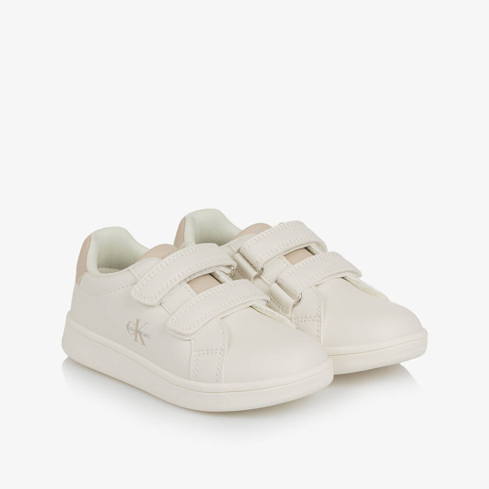 Calvin Klein-White Faux Leather Velcro Trainers with Beige Trims | Childrensalon Outlet