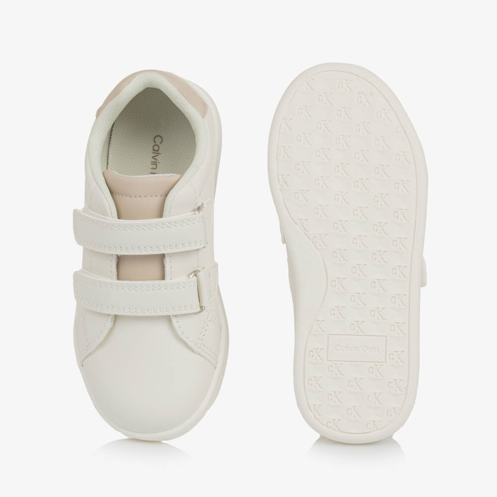 Calvin Klein-White Faux Leather Velcro Trainers with Beige Trims | Childrensalon Outlet