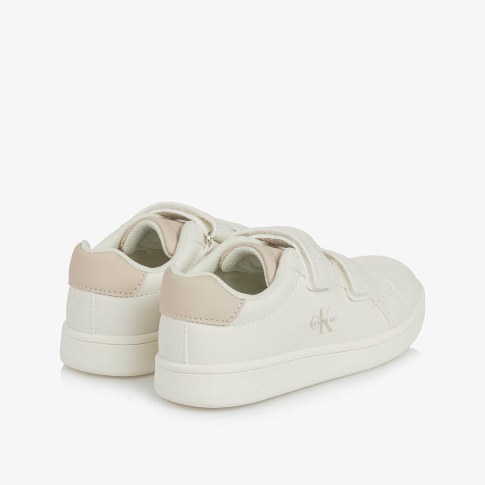 Calvin Klein-White Faux Leather Velcro Trainers with Beige Trims | Childrensalon Outlet