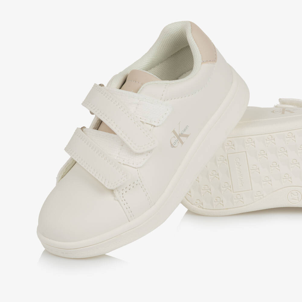 Calvin Klein-White Faux Leather Velcro Trainers with Beige Trims | Childrensalon Outlet