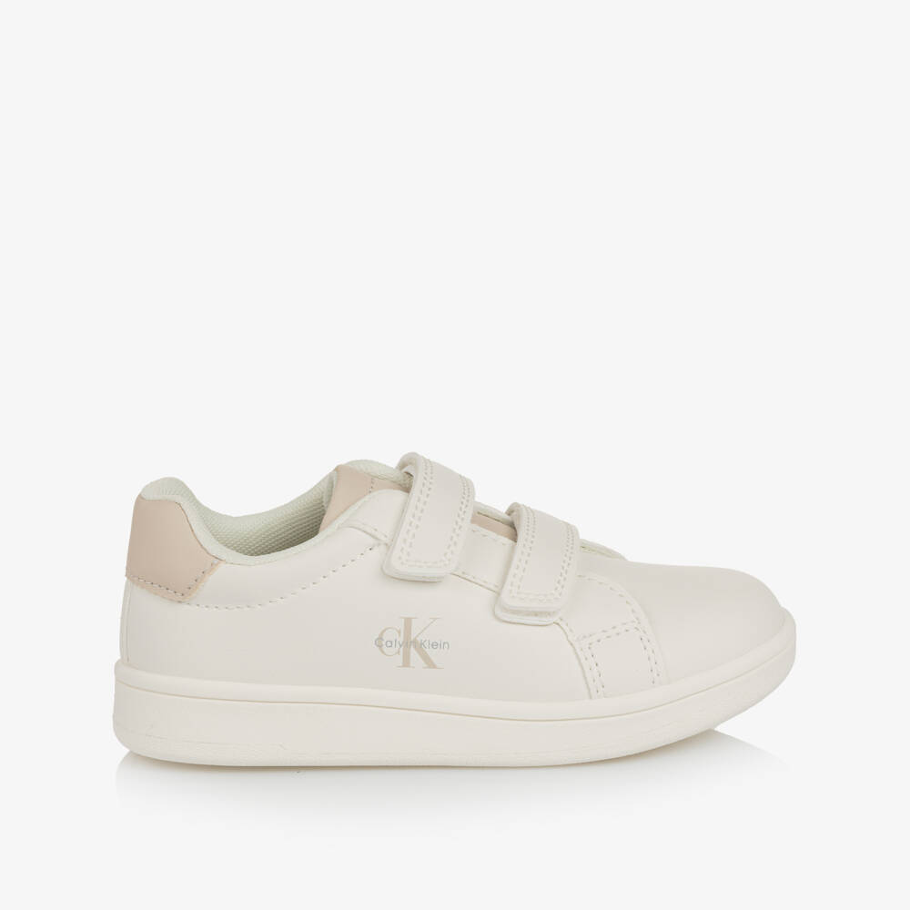 Calvin Klein-White Faux Leather Velcro Trainers with Beige Trims | Childrensalon Outlet