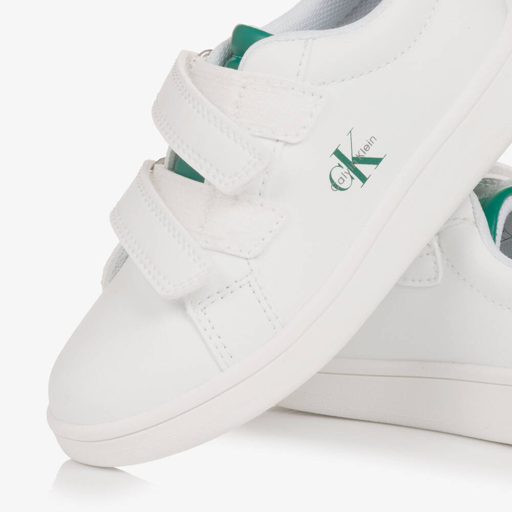 Calvin Klein-White Faux Leather Velcro Trainers with Green Trim | Childrensalon Outlet