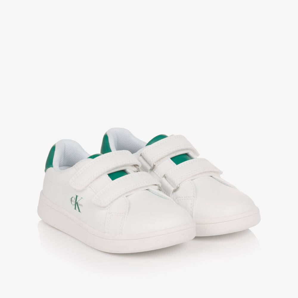 Calvin Klein-White Faux Leather Velcro Trainers with Green Trim | Childrensalon Outlet