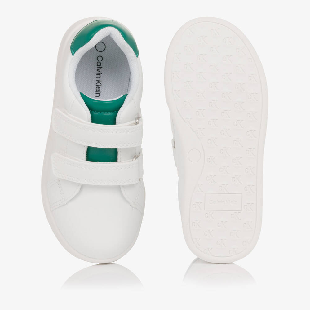 Calvin Klein-White Faux Leather Velcro Trainers with Green Trim | Childrensalon Outlet
