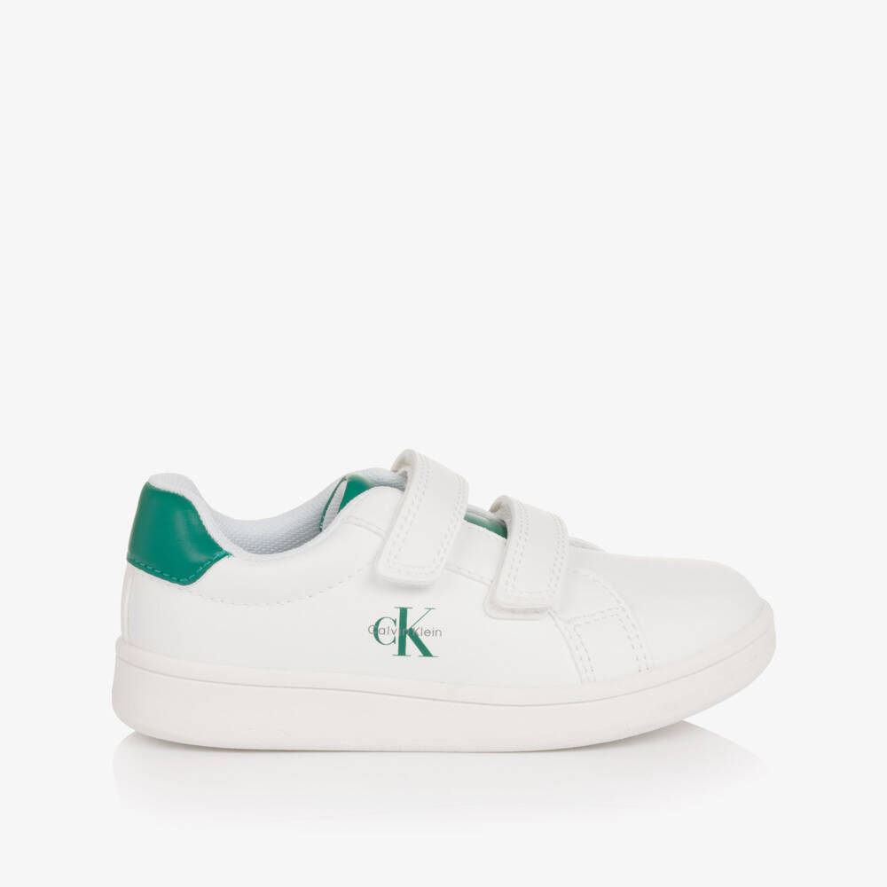 Calvin Klein-White Faux Leather Velcro Trainers with Green Trim | Childrensalon Outlet
