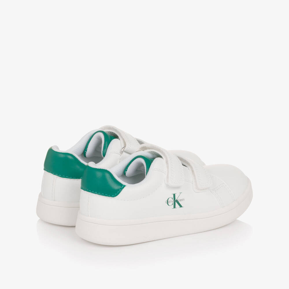 Calvin Klein-White Faux Leather Velcro Trainers with Green Trim | Childrensalon Outlet