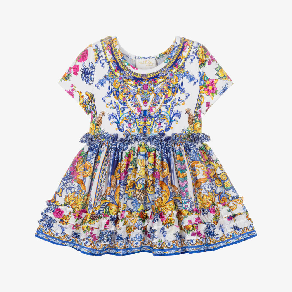 Camilla Kids-Baby Girls Blue Cotton Dress with Baroque Print | Childrensalon Outlet