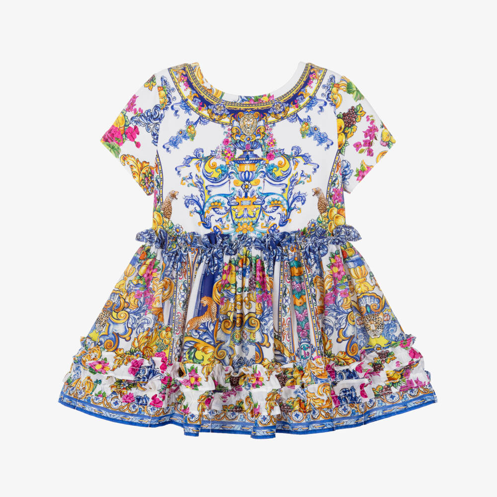 Camilla Kids-Baby Girls Blue Cotton Dress with Baroque Print | Childrensalon Outlet