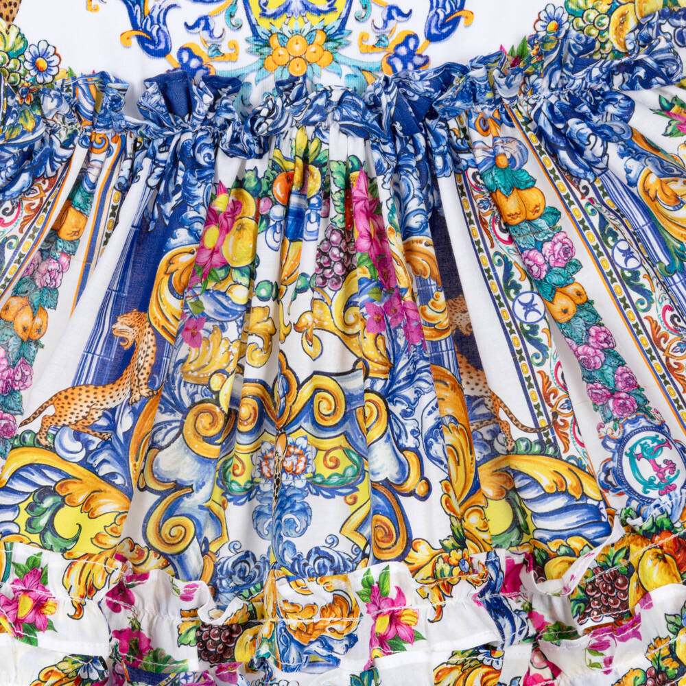Camilla Kids-Baby Girls Blue Cotton Dress with Baroque Print | Childrensalon Outlet