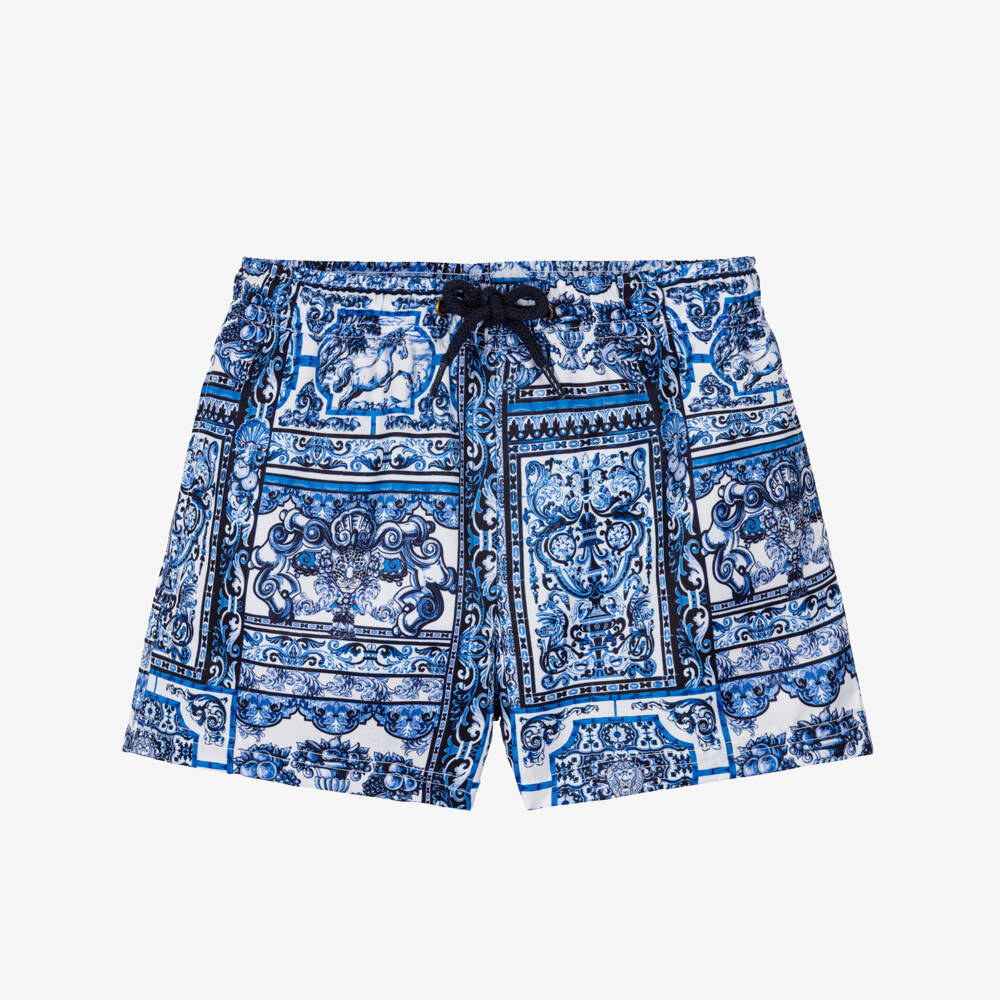 Camilla Kids-Boys Blue Drawstring Swim Shorts with Tile Print | Childrensalon Outlet