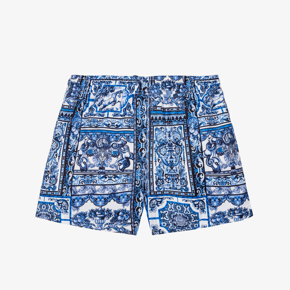 Camilla Kids-Boys Blue Drawstring Swim Shorts with Tile Print | Childrensalon Outlet