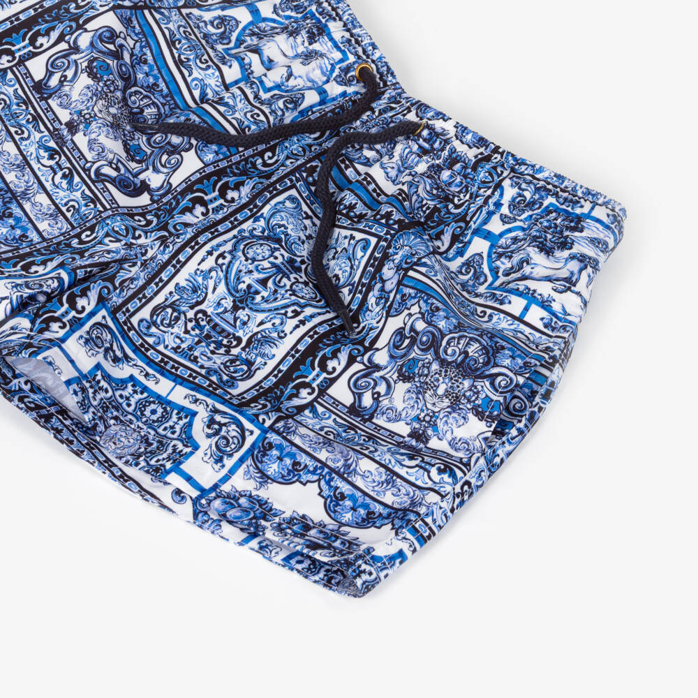 Camilla Kids-Boys Blue Drawstring Swim Shorts with Tile Print | Childrensalon Outlet
