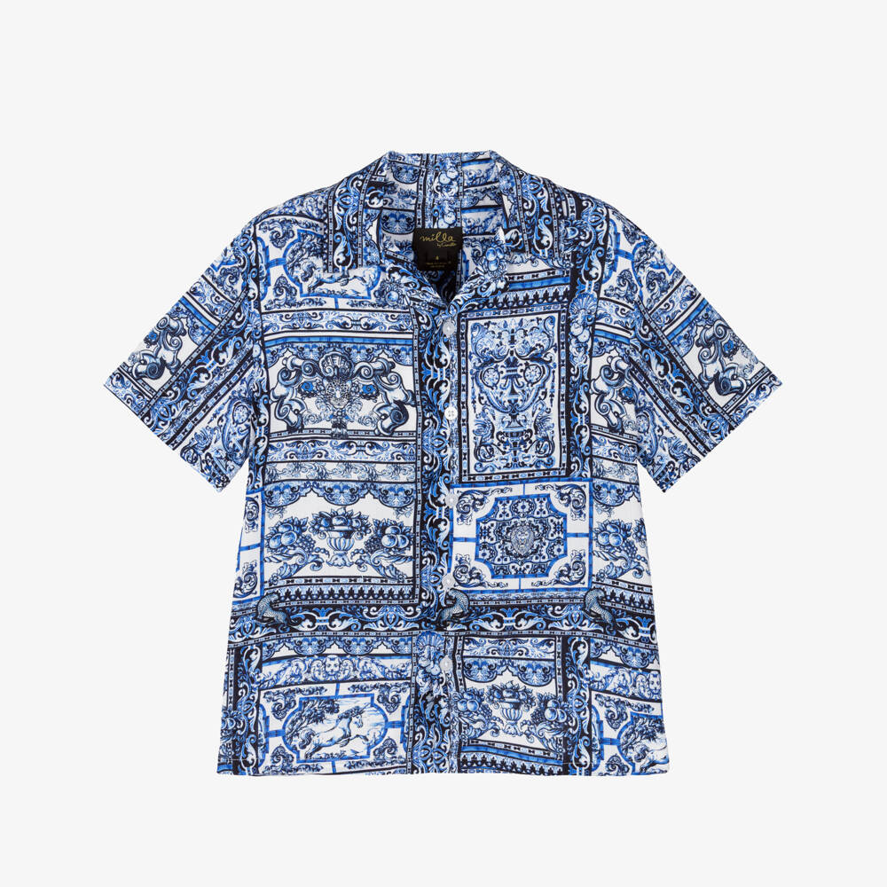 Camilla Kids-Boys Blue Tile Print Shirt | Childrensalon Outlet