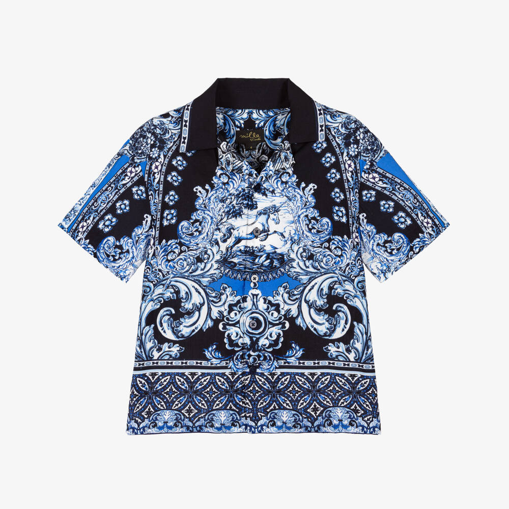 CAMILLA-Boys Blue Tile Print Shirt with Unicorn | Childrensalon Outlet