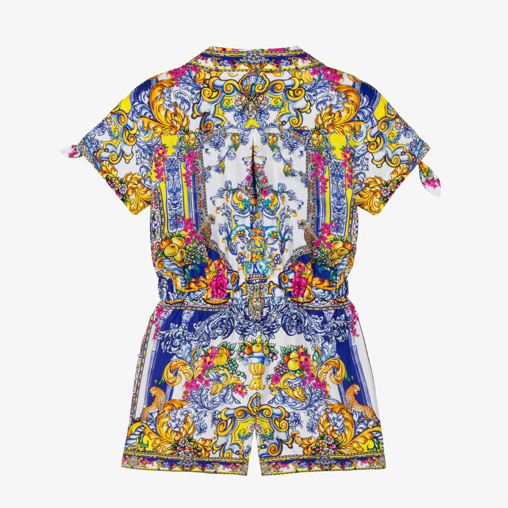 Camilla Kids-Girls Blue Cotton Baroque Print Playsuit with Diamanté Collar | Childrensalon Outlet