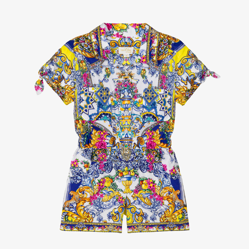 Camilla Kids-Girls Blue Cotton Baroque Print Playsuit with Diamanté Collar | Childrensalon Outlet