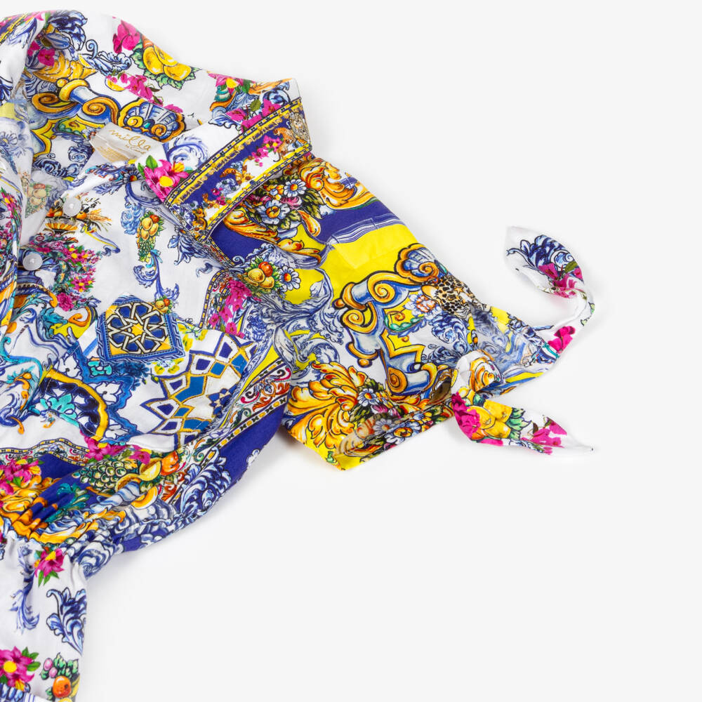 Camilla Kids-Girls Blue Cotton Baroque Print Playsuit with Diamanté Collar | Childrensalon Outlet