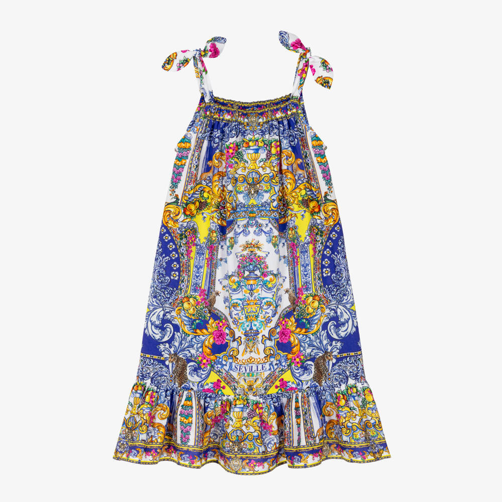 Camilla Kids-Girls Blue Cotton Dress with Baroque Print | Childrensalon Outlet