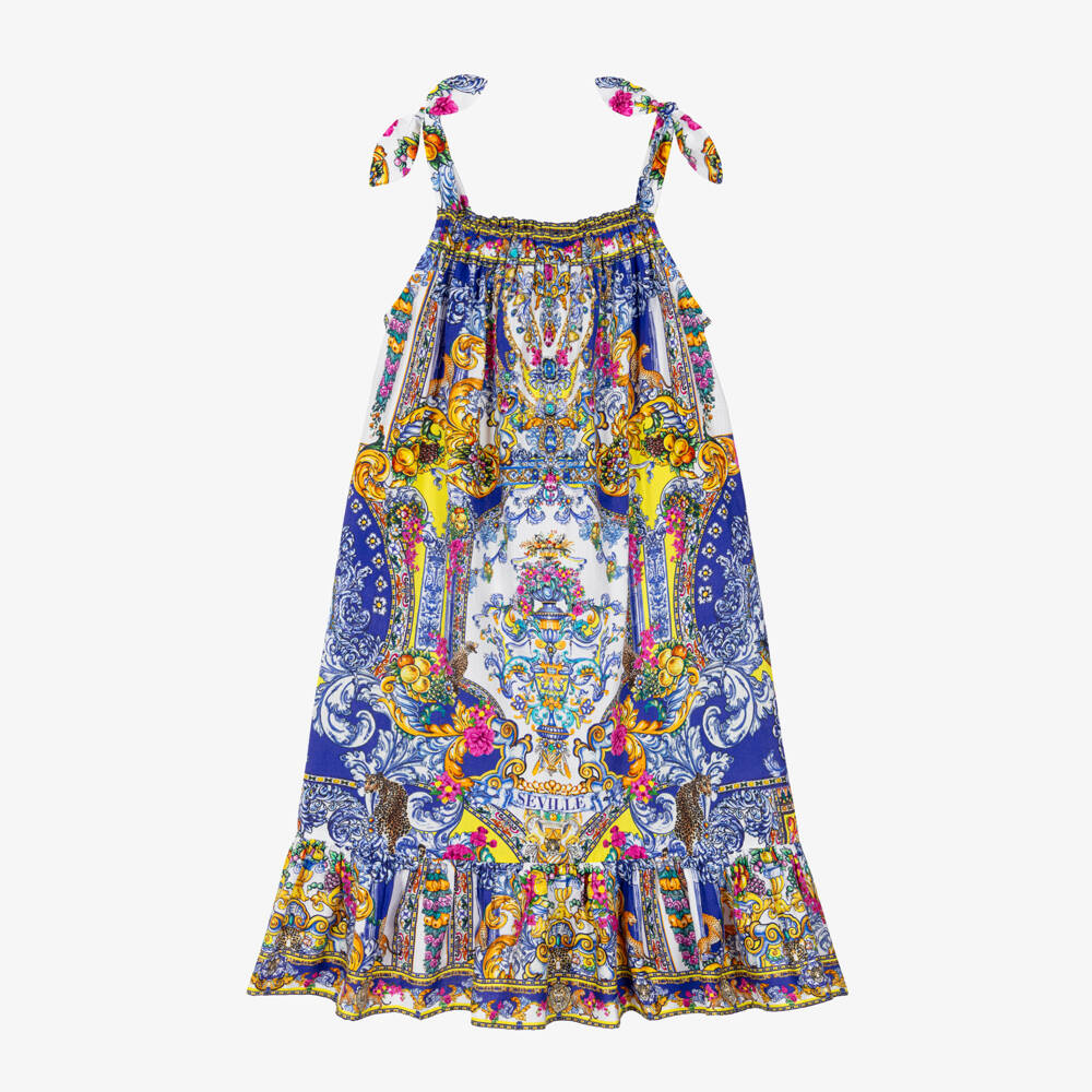 Camilla Kids-Girls Blue Cotton Dress with Baroque Print | Childrensalon Outlet