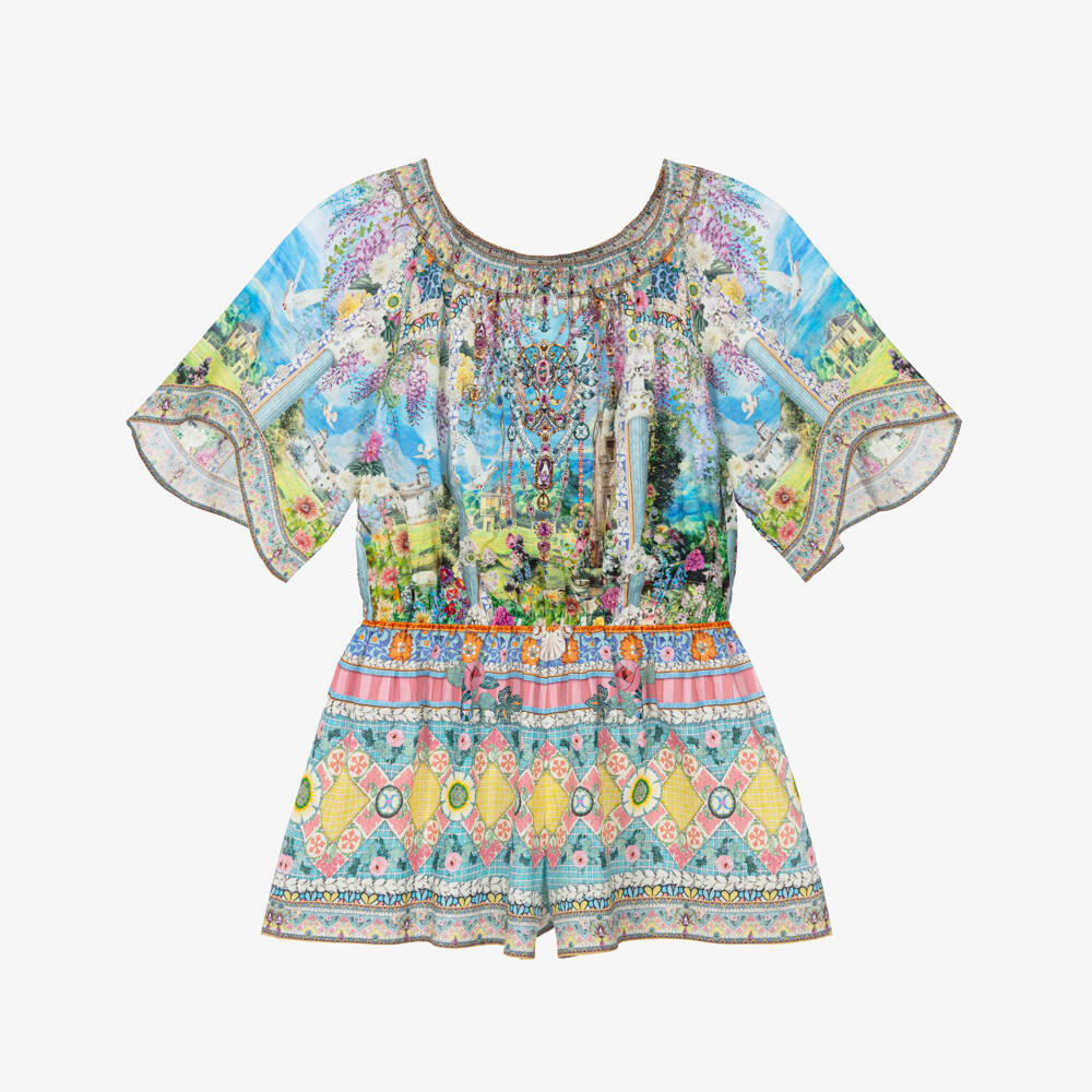 CAMILLA-Girls Blue Cotton Playsuit with Garden Print | Childrensalon Outlet