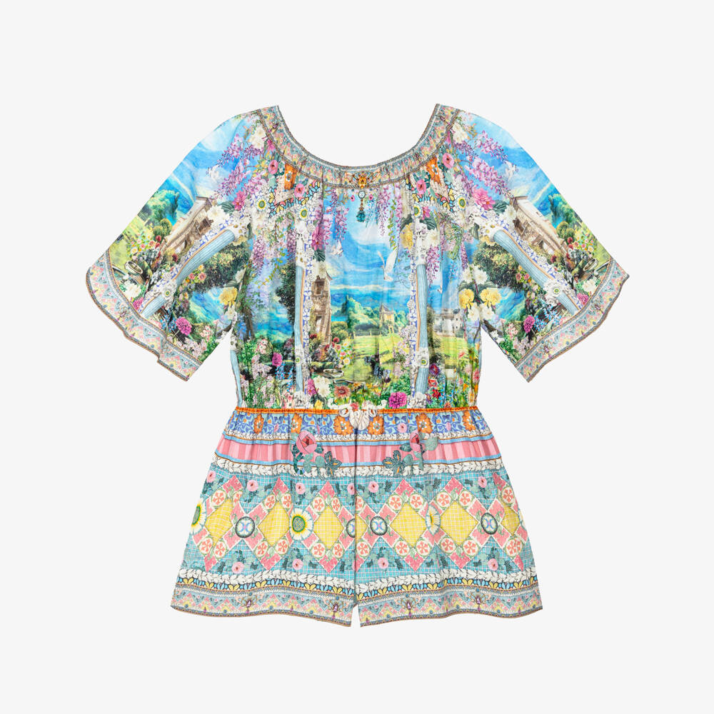 CAMILLA-Girls Blue Cotton Playsuit with Garden Print | Childrensalon Outlet