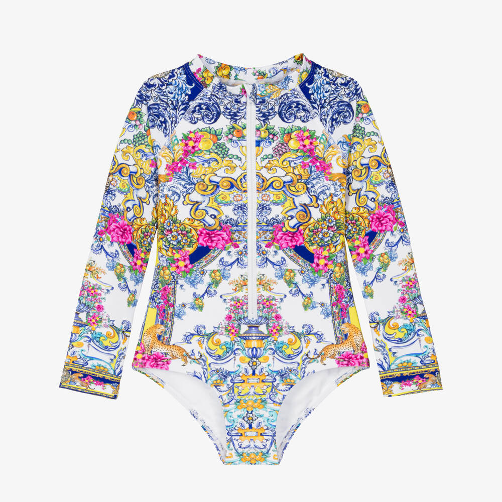 Camilla Kids-Girls Long Sleeve Baroque Print Swimsuit with Diamantés | Childrensalon Outlet