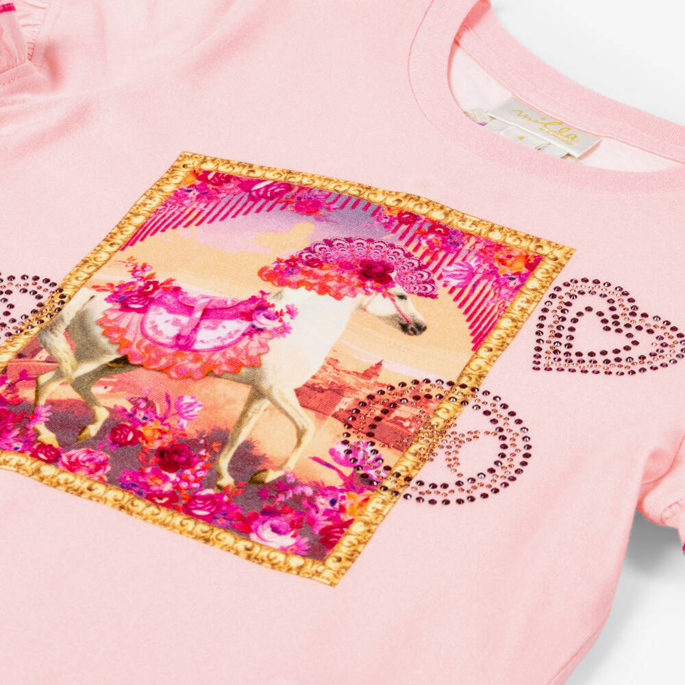 Camilla Kids-Girls Pale Pink Cotton Jersey Horse Print T-Shirt | Childrensalon Outlet