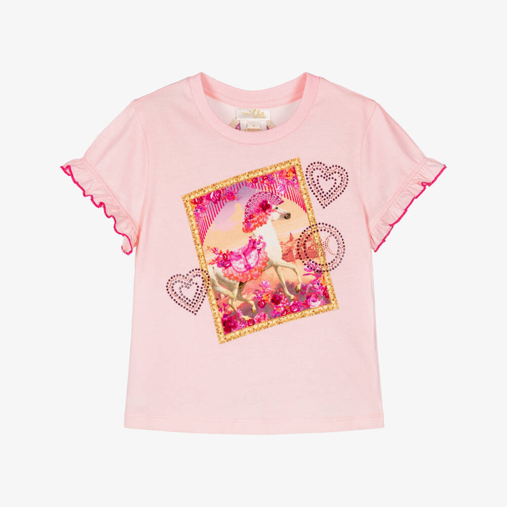 Camilla Kids-Girls Pale Pink Cotton Jersey Horse Print T-Shirt | Childrensalon Outlet