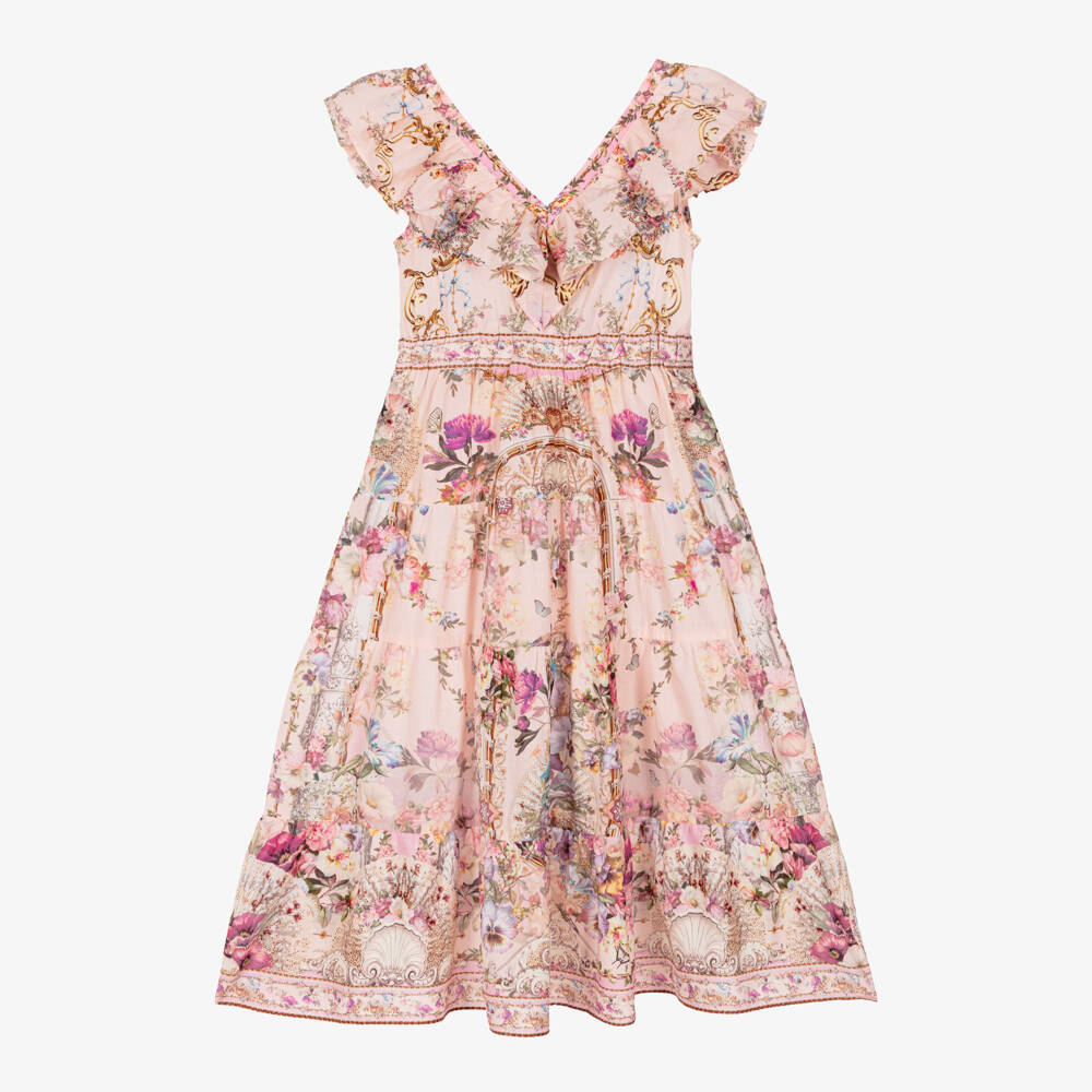 Camilla Kids-Girls Pink Cotton Floral Dress with Ruffles & Bow | Childrensalon Outlet