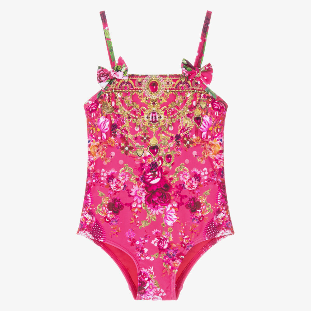 Camilla Kids-Girls Pink Flamenco Print Swimsuit with Bows | Childrensalon Outlet